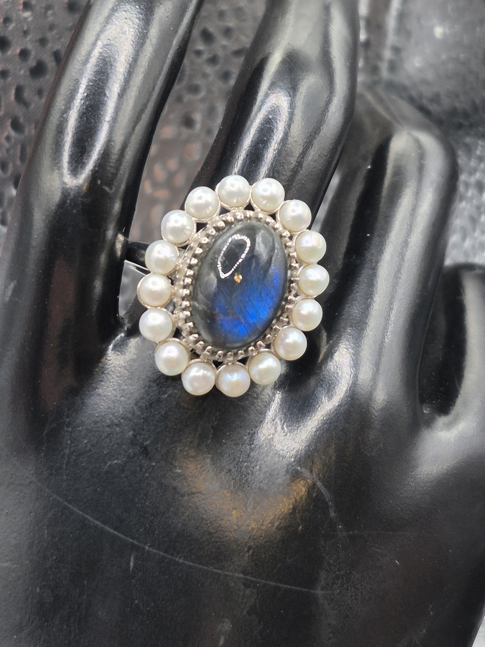 Silver Labradorite and Pearl Halo Ring